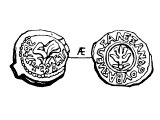 Coin of Alexander Jannaeus 105-78 BC. Left: half opened flower `King Johonathan` (in Hebrew). Right: anchor with two cross trees `of the King Alexander` (in Greek).